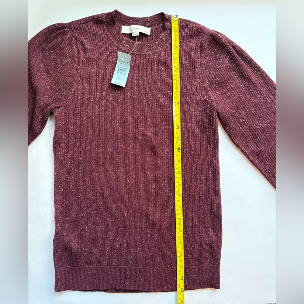 NWT LOFT Puff Sleeve Shimmer Sweater Maroon Size M Petite - Picture 3 of 8